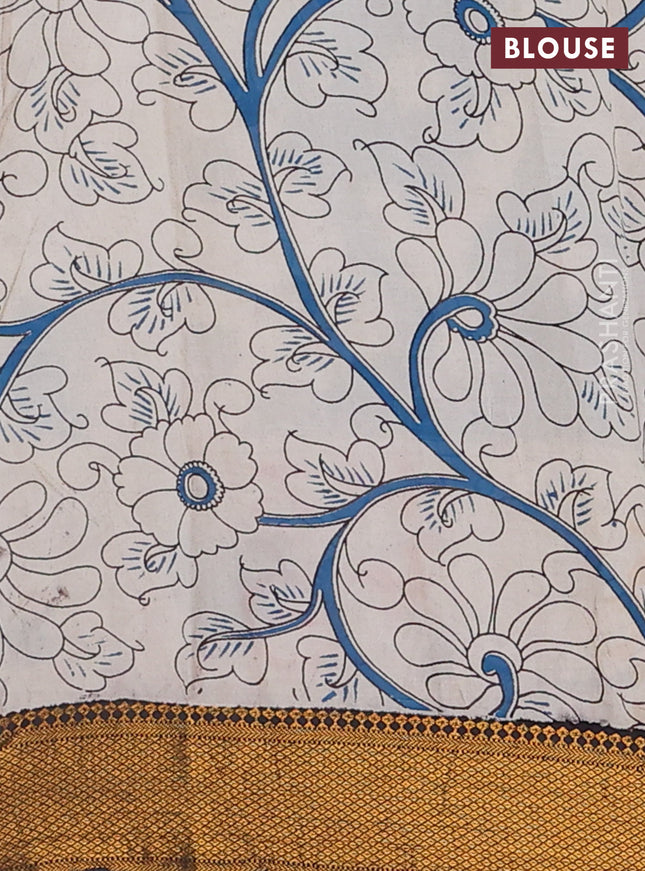 Kalamkari semi silk saree grey blue and black with allover prints and zari woven border