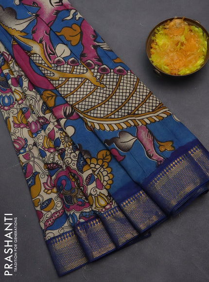 Kalamkari semi silk saree beige and blue with allover prints and zari woven border