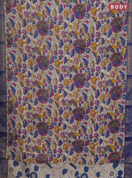 Kalamkari semi silk saree beige and blue with allover prints and zari woven border