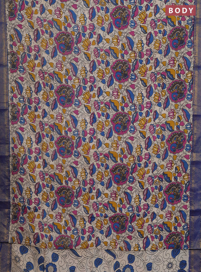 Kalamkari semi silk saree beige and blue with allover prints and zari woven border