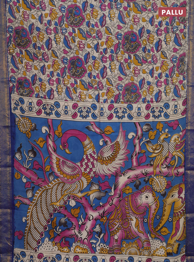 Kalamkari semi silk saree beige and blue with allover prints and zari woven border