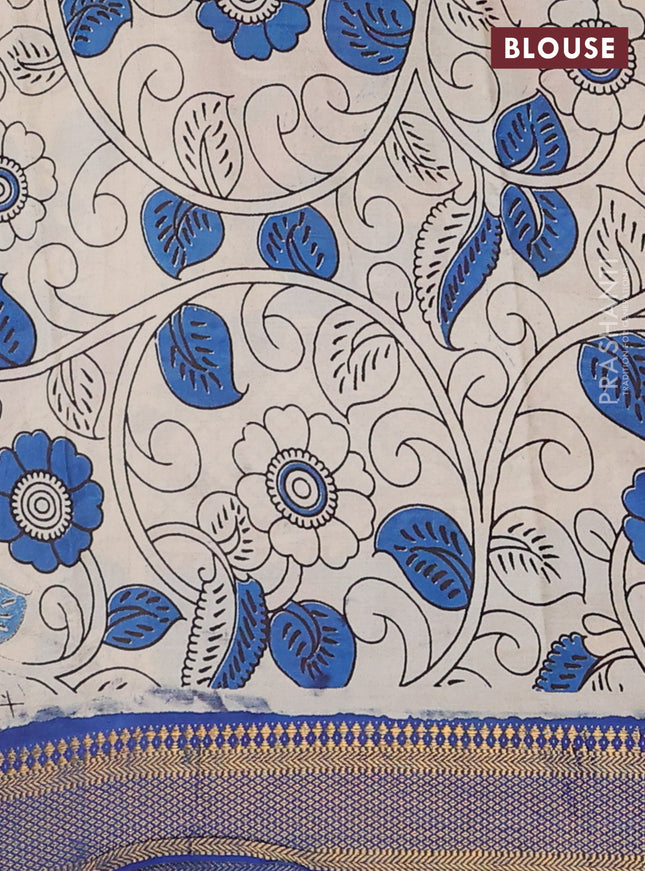 Kalamkari semi silk saree beige and blue with allover prints and zari woven border