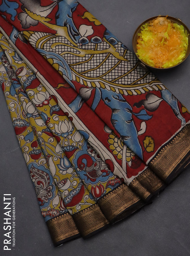 Kalamkari semi silk saree yellow and black with allover prints and zari woven border