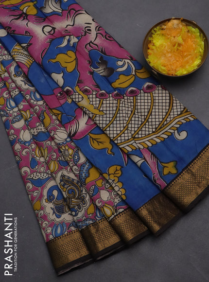 Kalamkari semi silk saree pink and coffee brown with allover prints and zari woven border