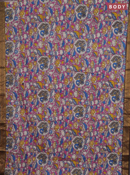 Kalamkari semi silk saree pink and coffee brown with allover prints and zari woven border
