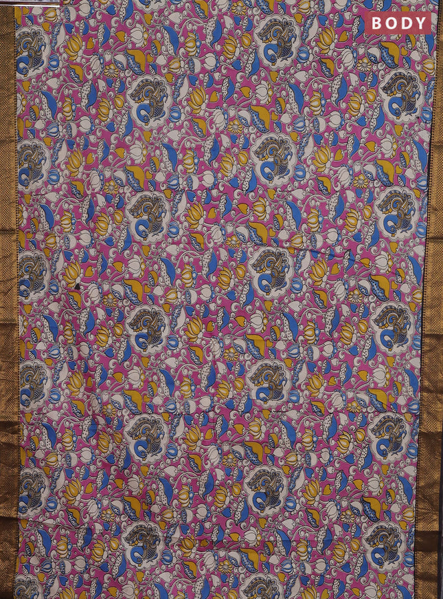 Kalamkari semi silk saree pink and coffee brown with allover prints and zari woven border