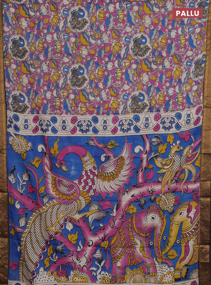 Kalamkari semi silk saree pink and coffee brown with allover prints and zari woven border