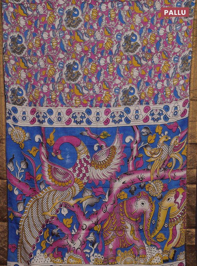 Kalamkari semi silk saree pink and coffee brown with allover prints and zari woven border