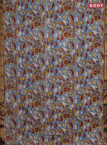 Kalamkari semi silk saree pastel blue and black with allover prints and zari woven border