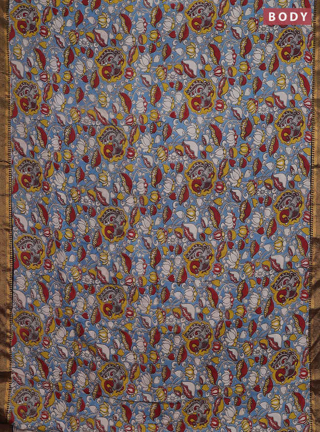 Kalamkari semi silk saree pastel blue and black with allover prints and zari woven border