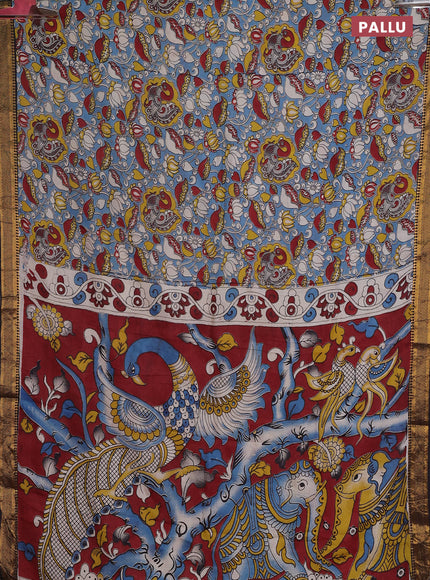 Kalamkari semi silk saree pastel blue and black with allover prints and zari woven border