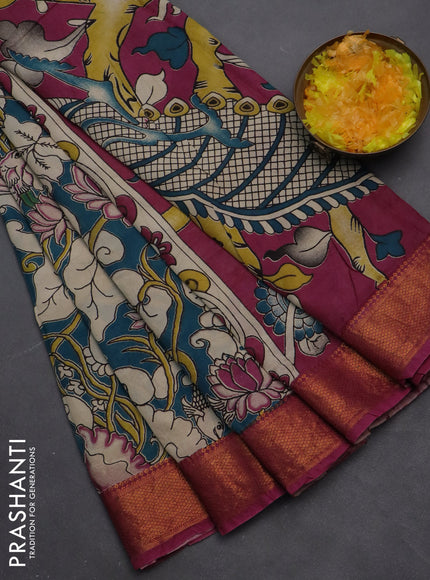 Kalamkari semi silk saree peacock green and magenta pink with allover prints and zari woven border