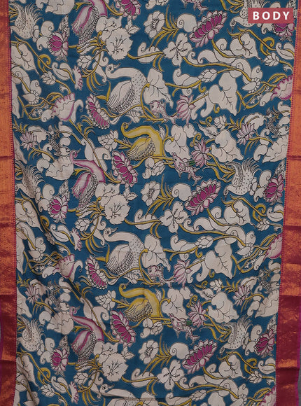 Kalamkari semi silk saree peacock green and magenta pink with allover prints and zari woven border