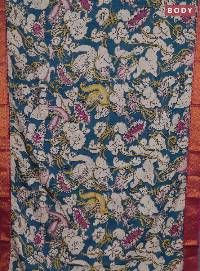 Kalamkari semi silk saree peacock green and magenta pink with allover prints and zari woven border