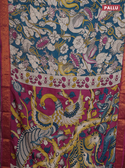 Kalamkari semi silk saree peacock green and magenta pink with allover prints and zari woven border