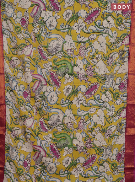 Kalamkari semi silk saree yellow and magenta pink with allover prints and zari woven border