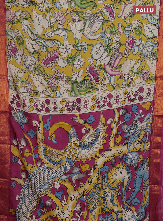 Kalamkari semi silk saree yellow and magenta pink with allover prints and zari woven border