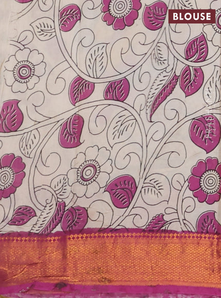 Kalamkari semi silk saree yellow and magenta pink with allover prints and zari woven border