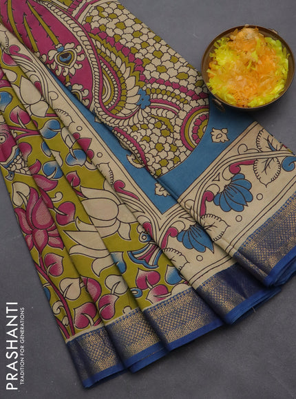 Kalamkari semi silk saree lime green and blue with allover prints and zari woven border