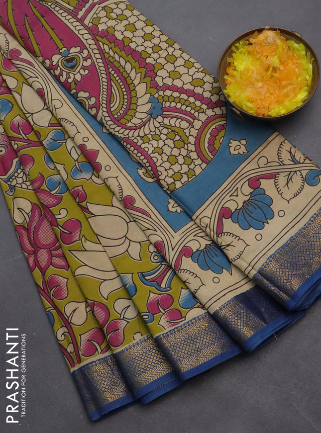 Kalamkari semi silk saree lime green and blue with allover prints and zari woven border