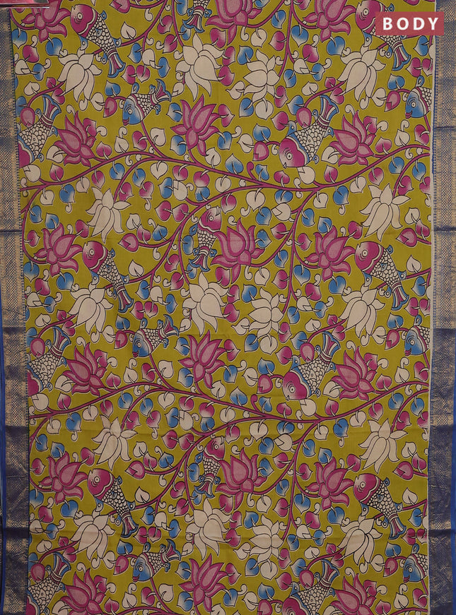 Kalamkari semi silk saree lime green and blue with allover prints and zari woven border