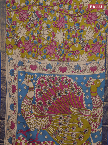 Kalamkari semi silk saree lime green and blue with allover prints and zari woven border