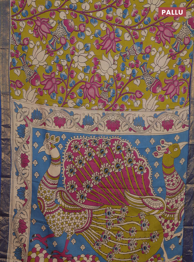 Kalamkari semi silk saree lime green and blue with allover prints and zari woven border