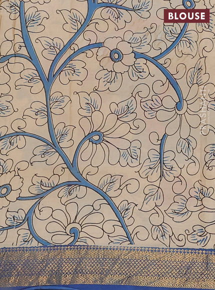 Kalamkari semi silk saree lime green and blue with allover prints and zari woven border