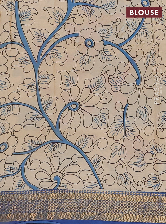 Kalamkari semi silk saree lime green and blue with allover prints and zari woven border