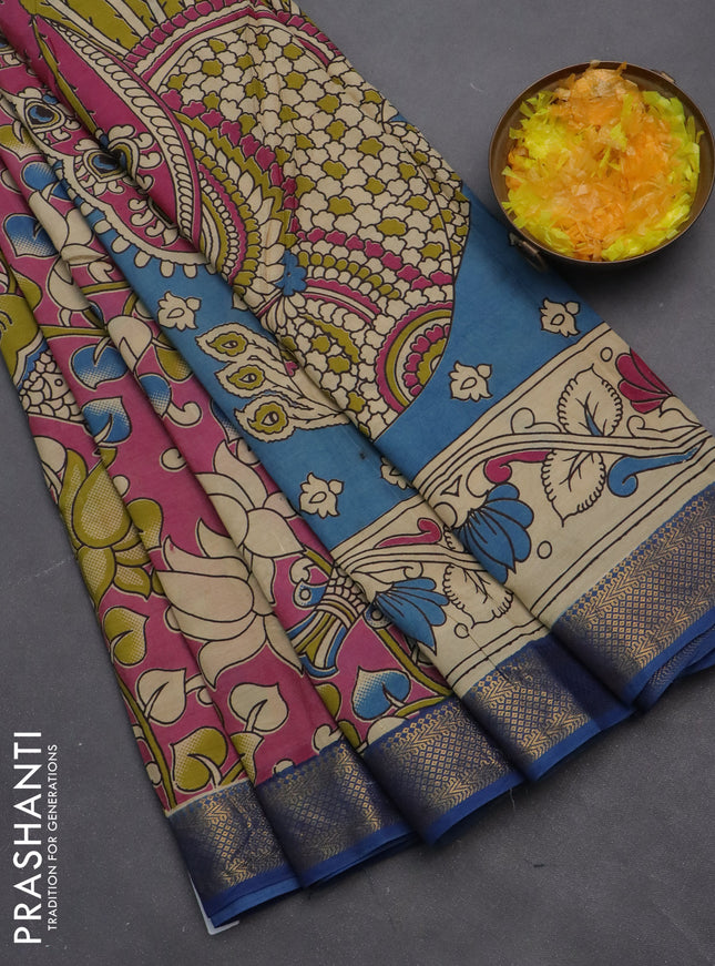 Kalamkari semi silk saree pink and blue with allover prints and zari woven border