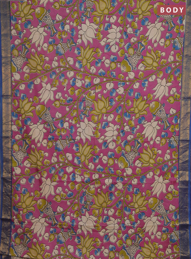 Kalamkari semi silk saree pink and blue with allover prints and zari woven border