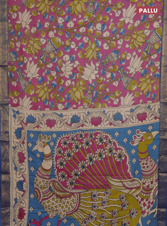 Kalamkari semi silk saree pink and blue with allover prints and zari woven border