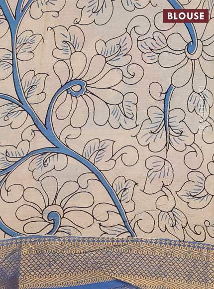 Kalamkari semi silk saree pink and blue with allover prints and zari woven border