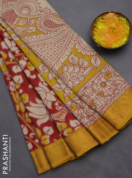 Kalamkari semi silk saree maroon and mustard yellow with allover prints and zari woven border