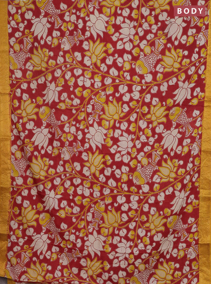 Kalamkari semi silk saree maroon and mustard yellow with allover prints and zari woven border