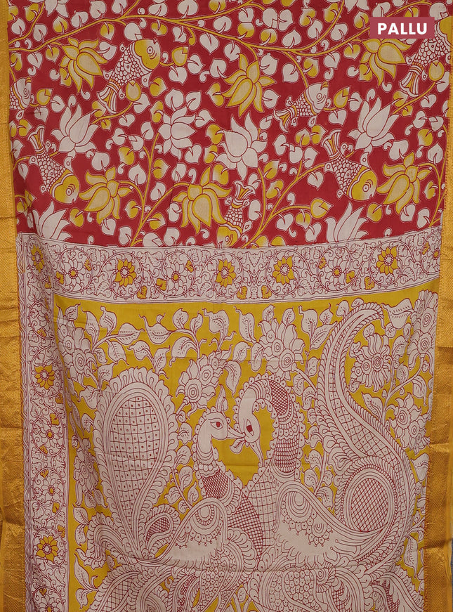 Kalamkari semi silk saree maroon and mustard yellow with allover prints and zari woven border