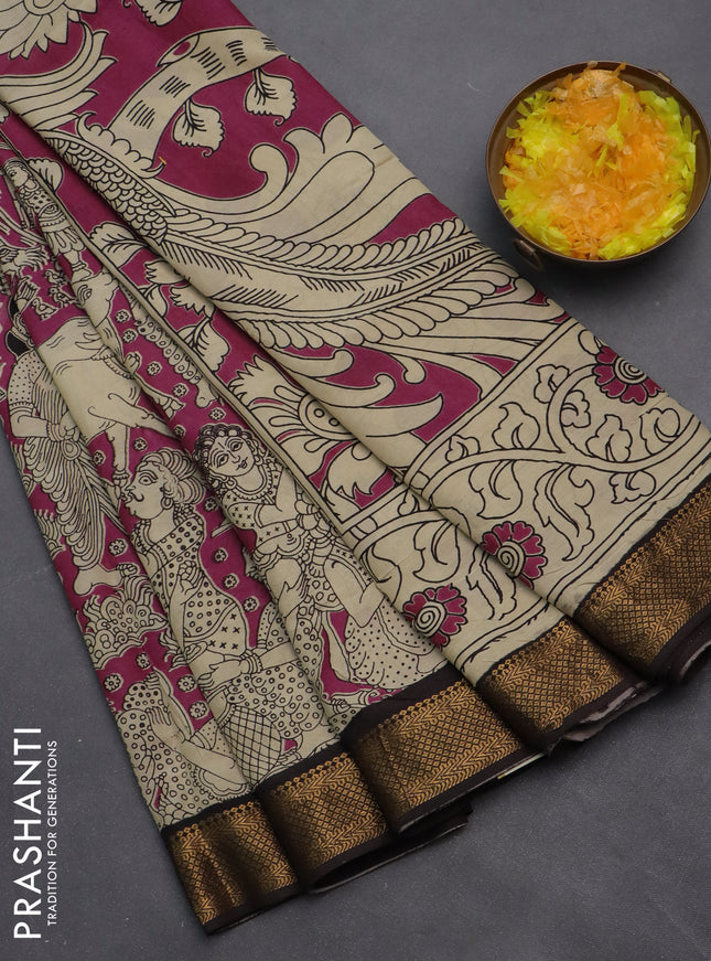 Kalamkari semi silk saree magenta pink and coffee brown with allover prints and zari woven border