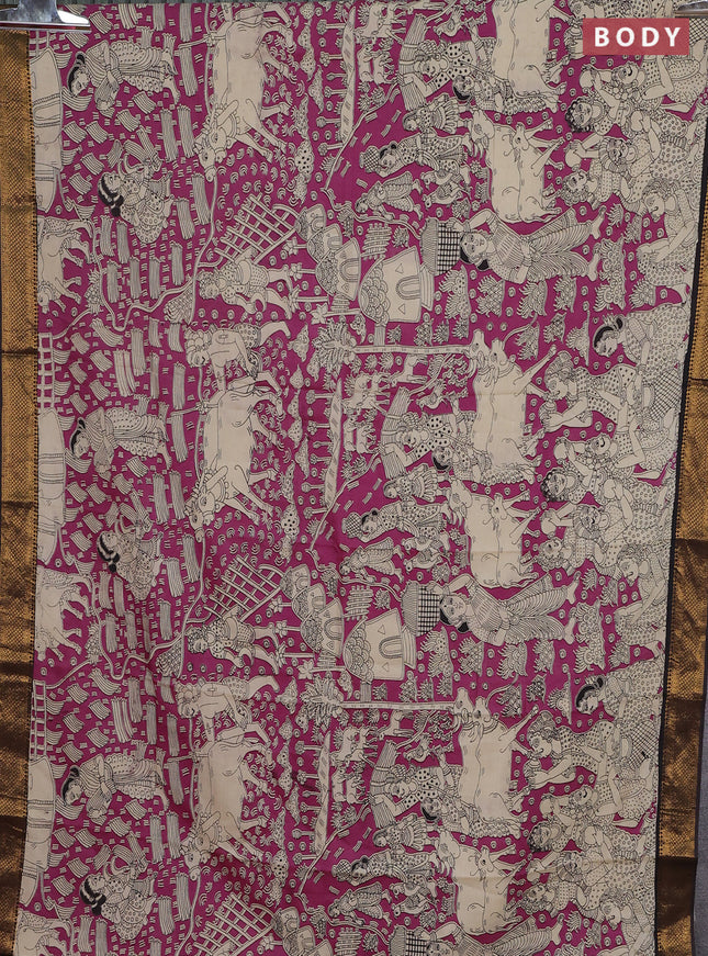 Kalamkari semi silk saree magenta pink and coffee brown with allover prints and zari woven border