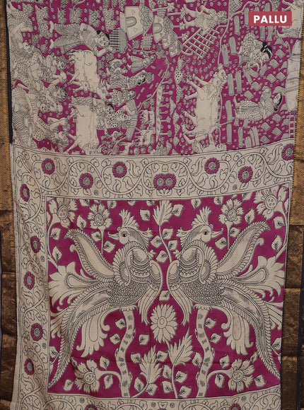 Kalamkari semi silk saree magenta pink and coffee brown with allover prints and zari woven border
