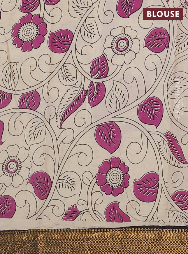 Kalamkari semi silk saree magenta pink and coffee brown with allover prints and zari woven border