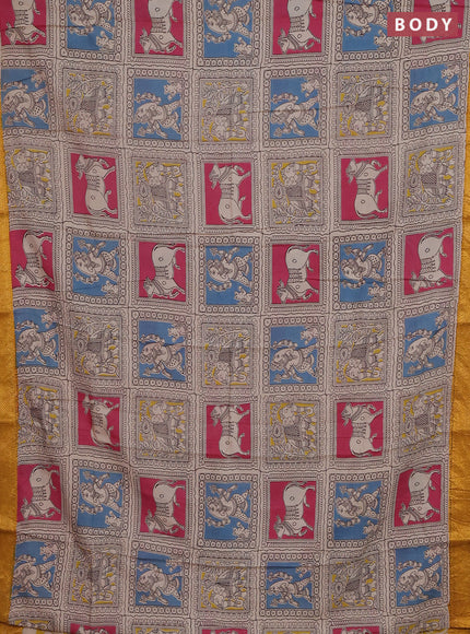 Kalamkari semi silk saree multi colour and mustard yellow with allover prints and zari woven border