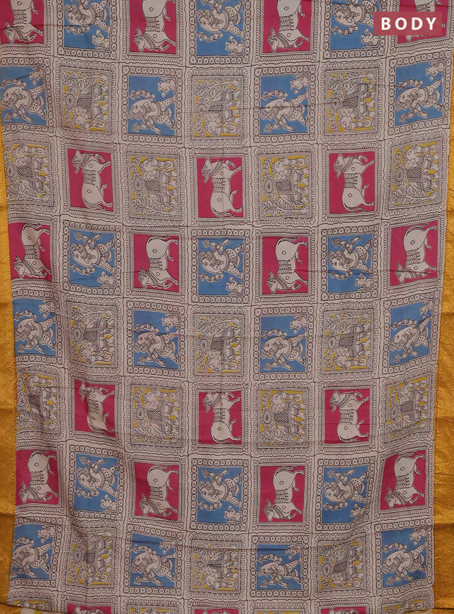 Kalamkari semi silk saree multi colour and mustard yellow with allover prints and zari woven border