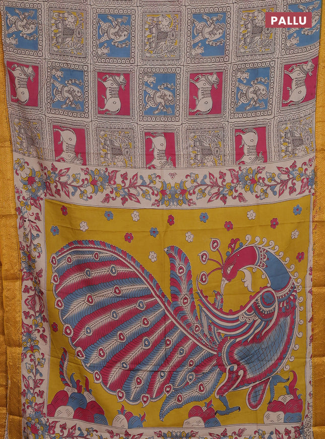 Kalamkari semi silk saree multi colour and mustard yellow with allover prints and zari woven border
