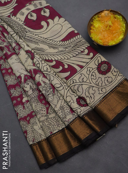 Kalamkari semi silk saree dark magenta pink and black with allover prints and zari woven border