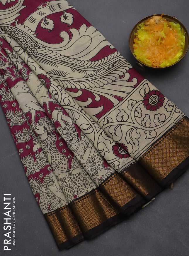 Kalamkari semi silk saree dark magenta pink and black with allover prints and zari woven border