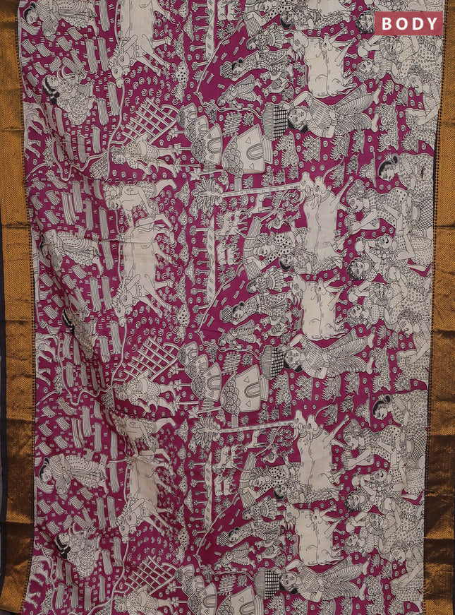 Kalamkari semi silk saree dark magenta pink and black with allover prints and zari woven border