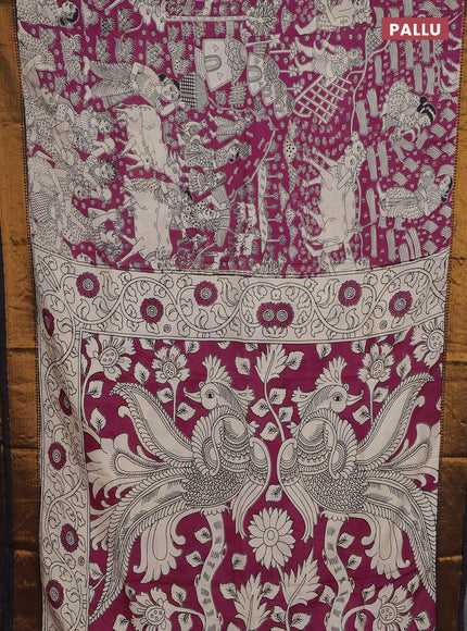 Kalamkari semi silk saree dark magenta pink and black with allover prints and zari woven border