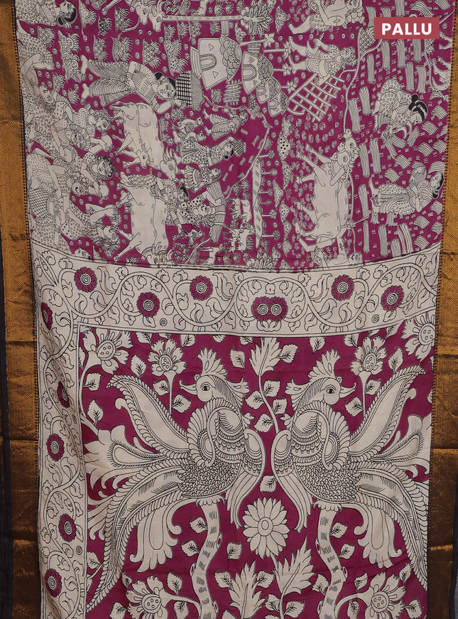 Kalamkari semi silk saree dark magenta pink and black with allover prints and zari woven border