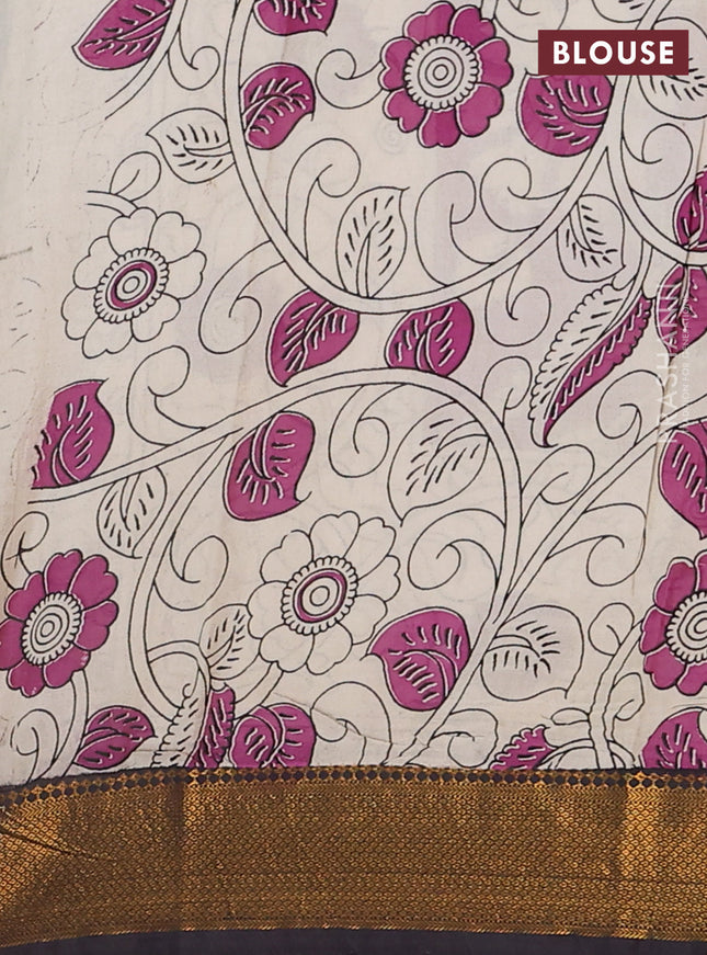 Kalamkari semi silk saree dark magenta pink and black with allover prints and zari woven border