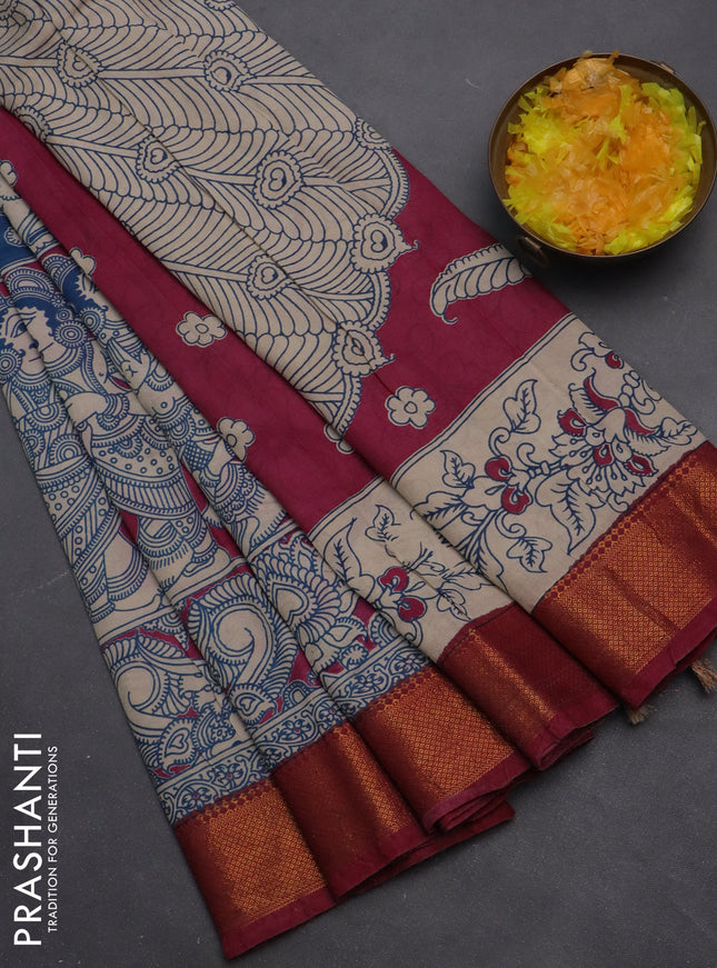 Kalamkari semi silk saree blue pink and dark pink with allover prints and zari woven border